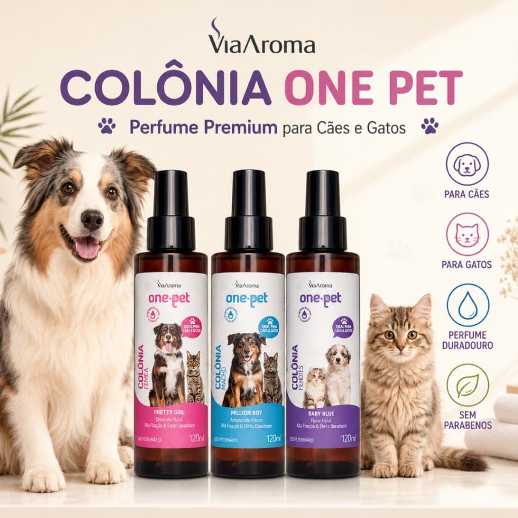 Colônia Pet Via Aroma One Pet 120ml Perfume para Cães e Gatos Fêmea Macho Filhotes