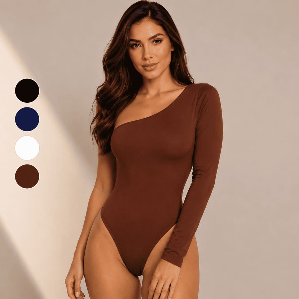 Body Feminina Elegante Um Ombro Só Manga Longa Forrado no Busto