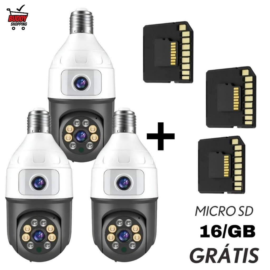 Kit 3 Câmeras Lâmpada Wifi Dupla Lente 360 Segurança + 3 Cartões SD 16GB