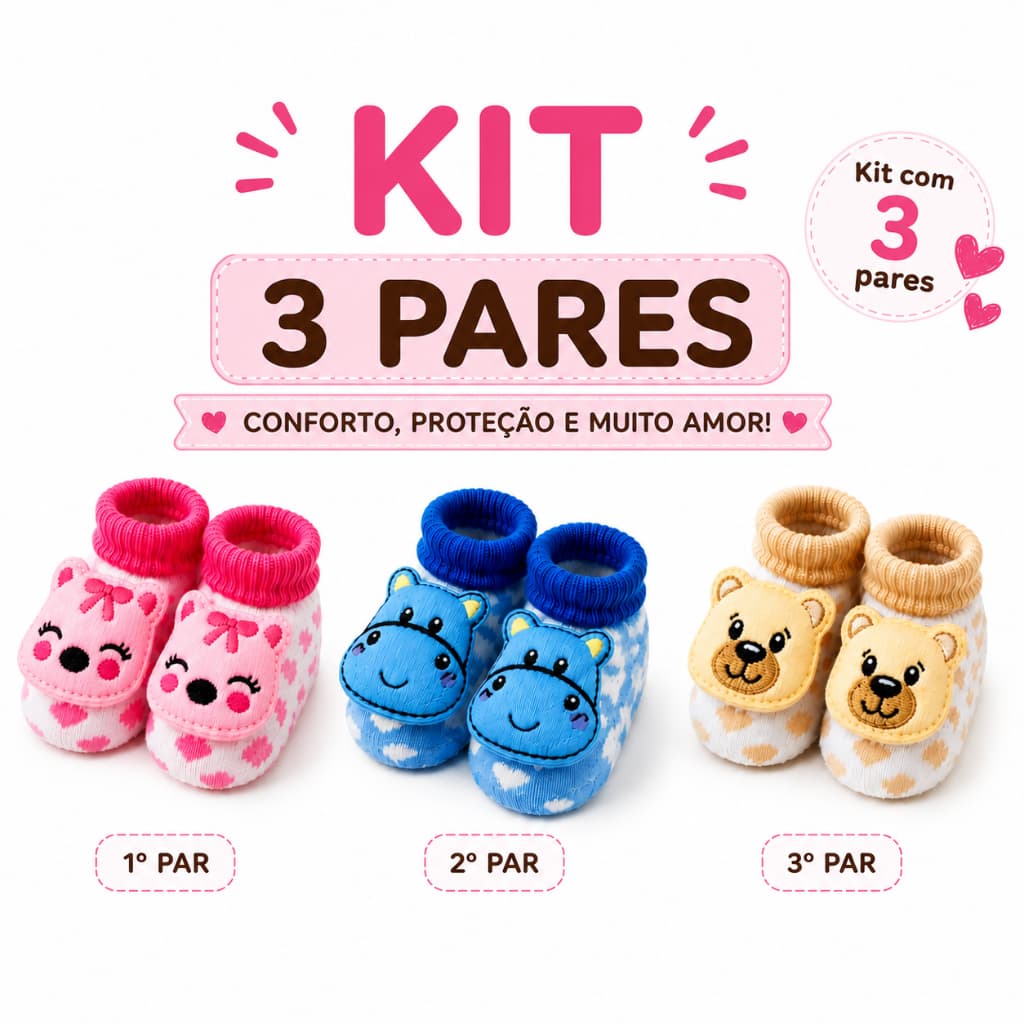 Kit 3 Meias 3D Bebe 0 a 6 Meses Menina Menino Unissex Recém Nascido RN Meia Bebe Quente Confortável