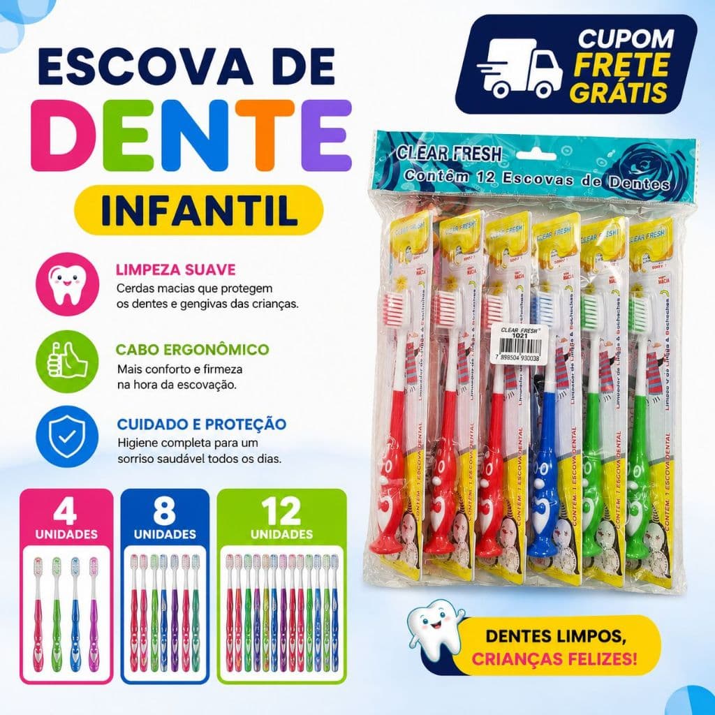 kit com 4, 8 e 12  Escovas De Dente Infantil - Escova Dente Kids - Cores Sortidas - Cerdas Macias