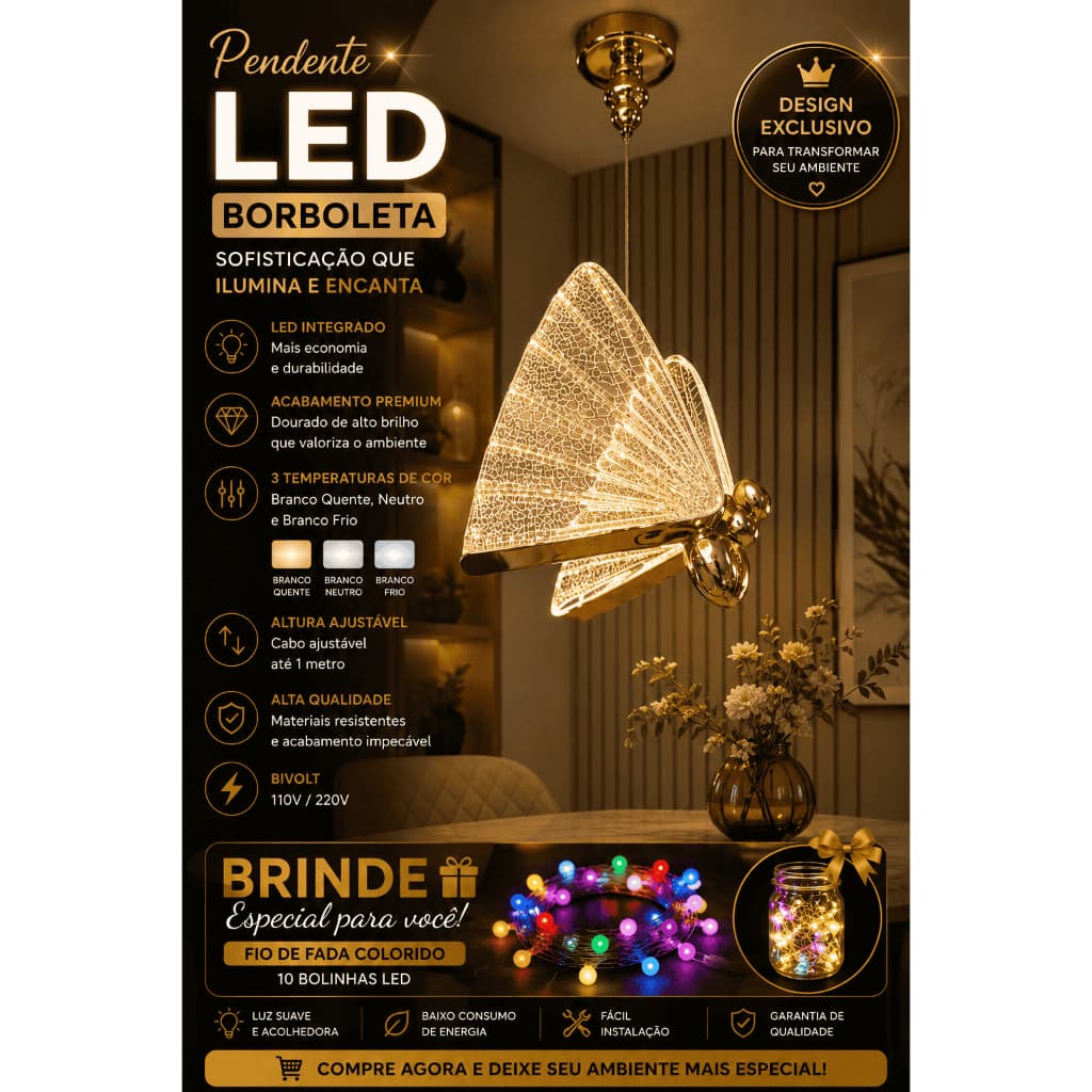 PENDENTE LED BORBOLETA DOURADA