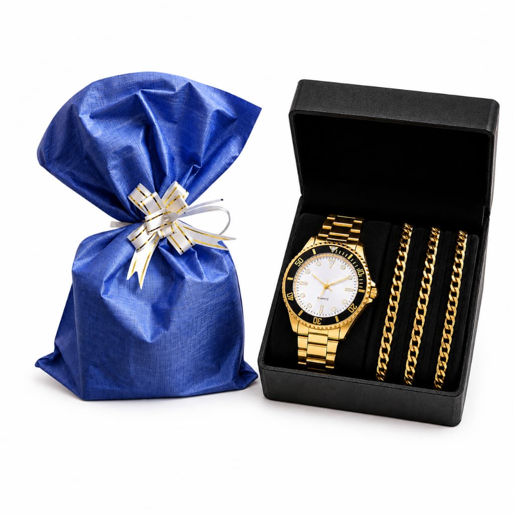 Relógio Masculino Analógico Prata Dourado + Corrente e Pulseira Aço Inoxidável-  Presente dia dos Pais, namorado, natal