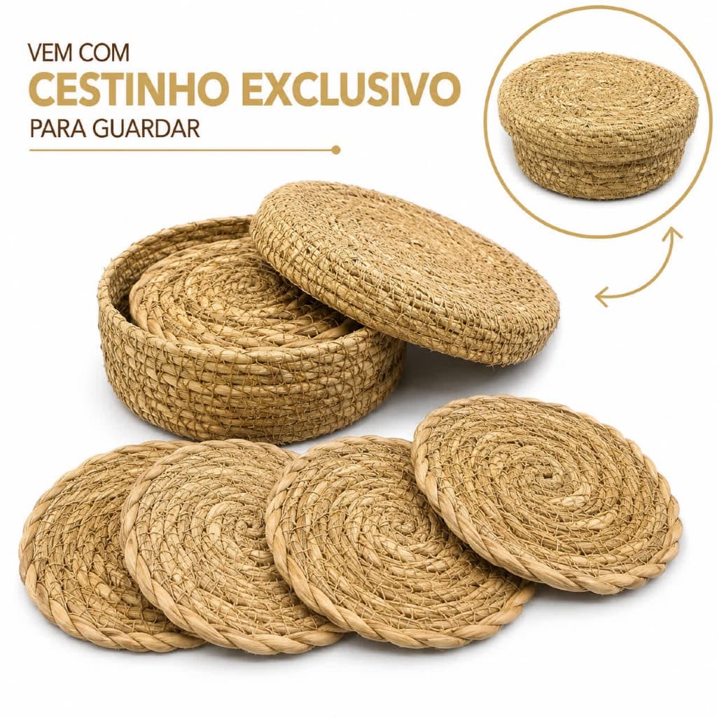 6 Descanso de Copo c/ Cestinho Organizador Fibra Natural Mesa Posta Rústica Porta Copos c/ Suporte