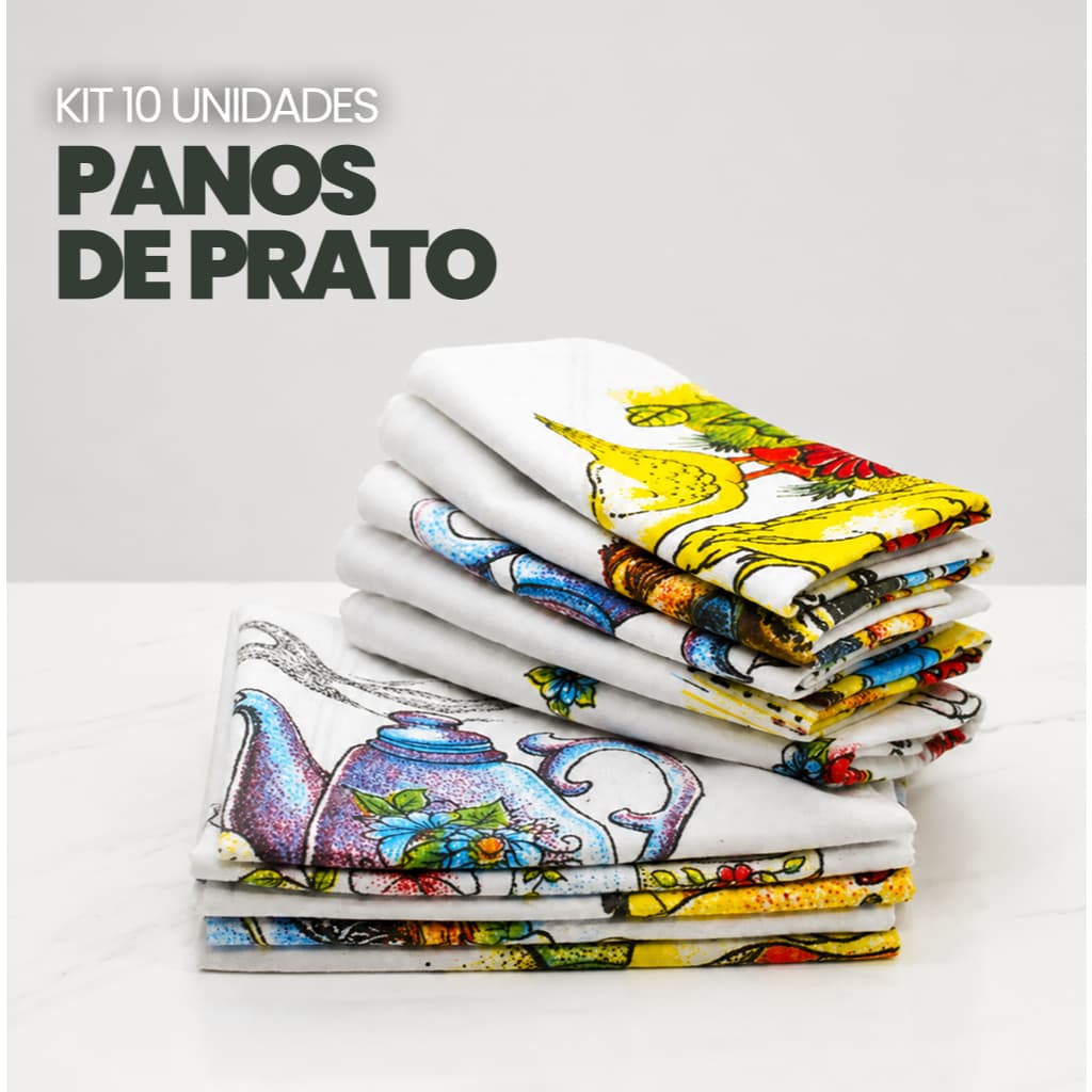 Kit 10 Pano De Prato Grande Estampado com Bainha Algodão Panos de Prato Copa de Cozinha Atacado