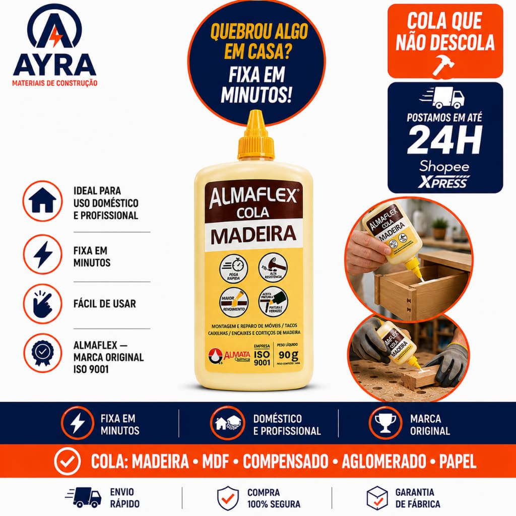 Cola Madeira PVA Almaflex 90g Pega Rápida Alta Resistência Reparo Móveis MDF Marcenaria Carpintaria