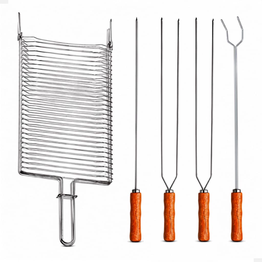Kit Grelha Dupla Com Espetos Para Churrasco Parrilla Churrasqueira Abaulada Assar Carne Peixes