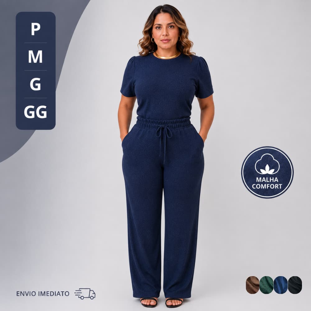 Conjunto Feminino Malha Lanzinha Calça e Blusa Premium Tricô Premium Confortável Moderno Casual Elegante Moda Tendência