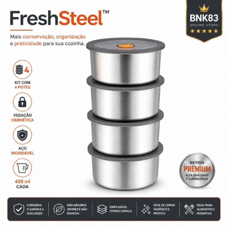 Kit 4 Potes Herméticos FreshSteel™ Inox 450ml com Vedação Organizador para Geladeira Marmita Alimentos