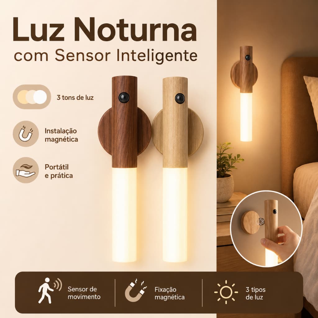 Kit 2 Luminaria Luz Led Recarregável Sensor de Movimento Arandela de Madeira Minimalist Mesa Parede Magnética