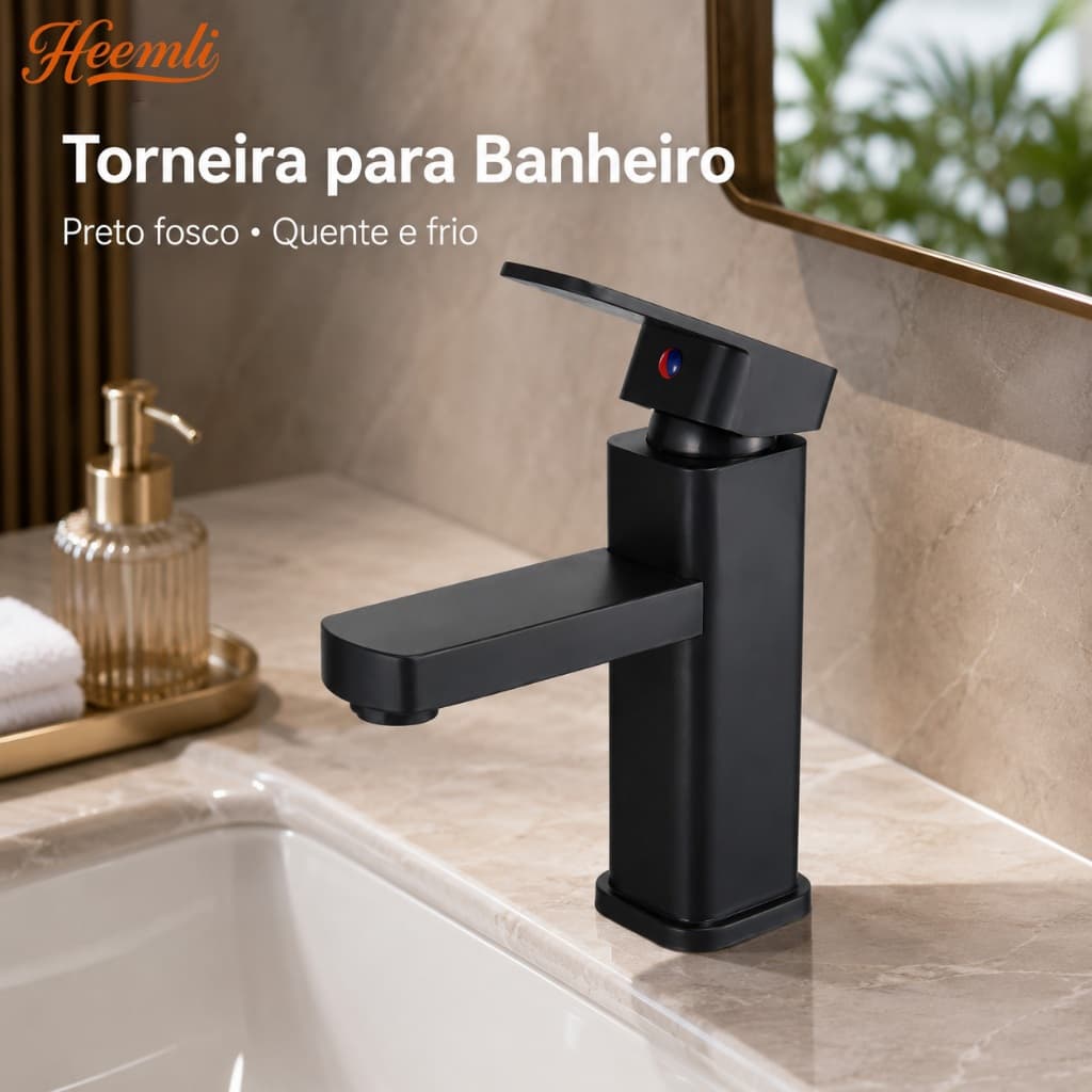 Heemli Torneira para Lavatório ABS Preto Monocomando Design Quadrado Água Quente e Fria