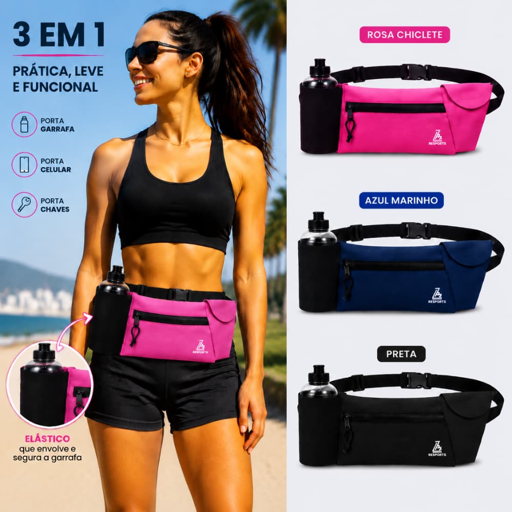Pochete Neoprene Resports 3 em 1 Porta Celular Garrafa e Chaves Esportiva Corrida Treino
