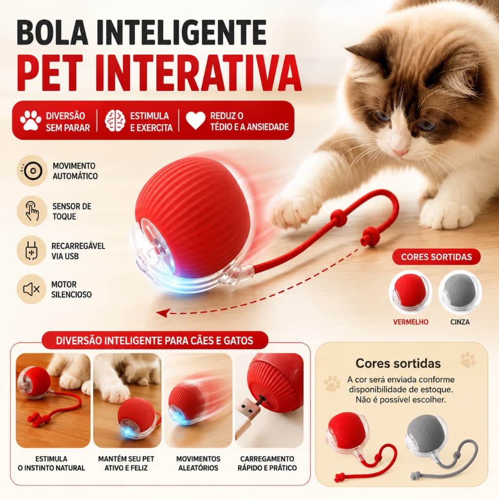 Bola Inteligente Pet Brinquedo Interativo Automático Recarregável Para Cachorro e Gato