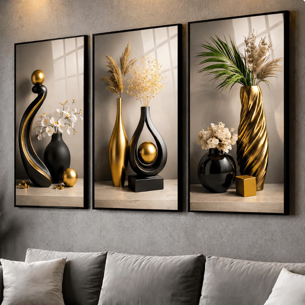 Kit 3 Quadros Decorativos Vasos Abstratos Preto e Dourado Luxo Moderno para Sala e Quarto
