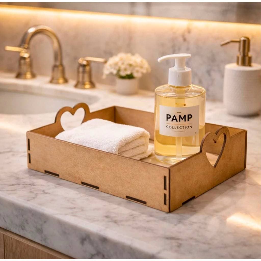 Kit 10 Bandejas MDF 20x15x7 Retangulares Alça Coração Cesta Organizador Lavabo Banheiro Multiuso Guarda Roupa