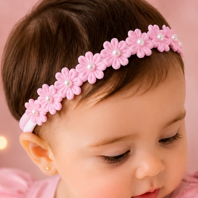 Kit Faixinhas de Cabelo Flor com Pérolas em Meia de Seda para Bebê e Menina Infantil Confortável Delicada