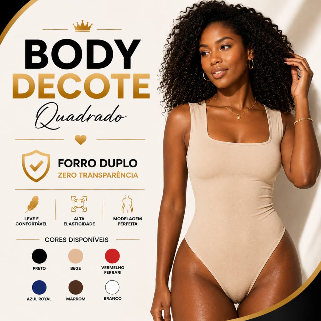 Body Feminino Decote Quadrado Alça Larga Forro Duplo Suplex Confortável Modela o Corpo