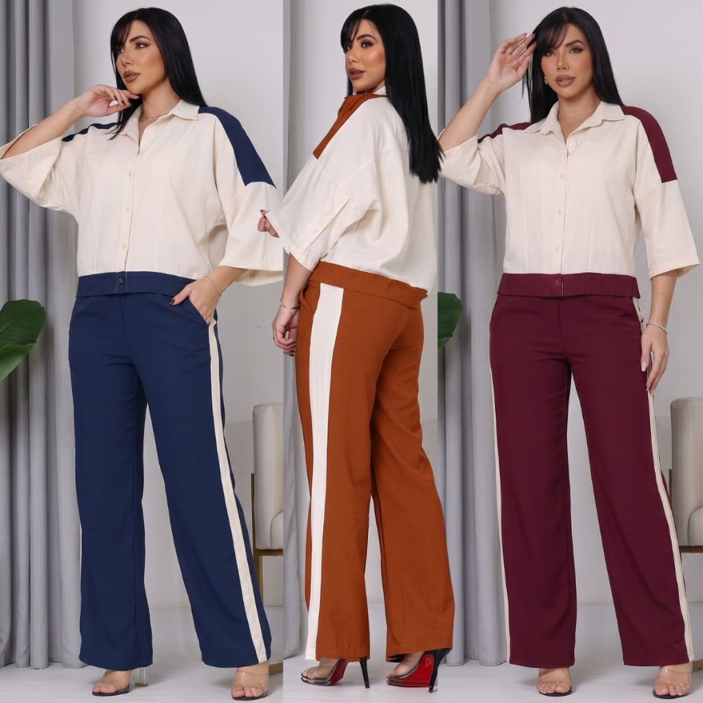 Conjunto Feminino Elegante Bicolor Duas Peças Premium Camisa com Botões Frontais  Manga 3/4 Calça de Cintura Alta Lastex