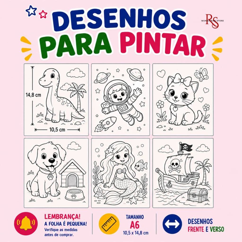 5 a 30 Desenhos Variados A6 (10,5x14,8cm) Temas Aleatórios Para Pintar E Colorir