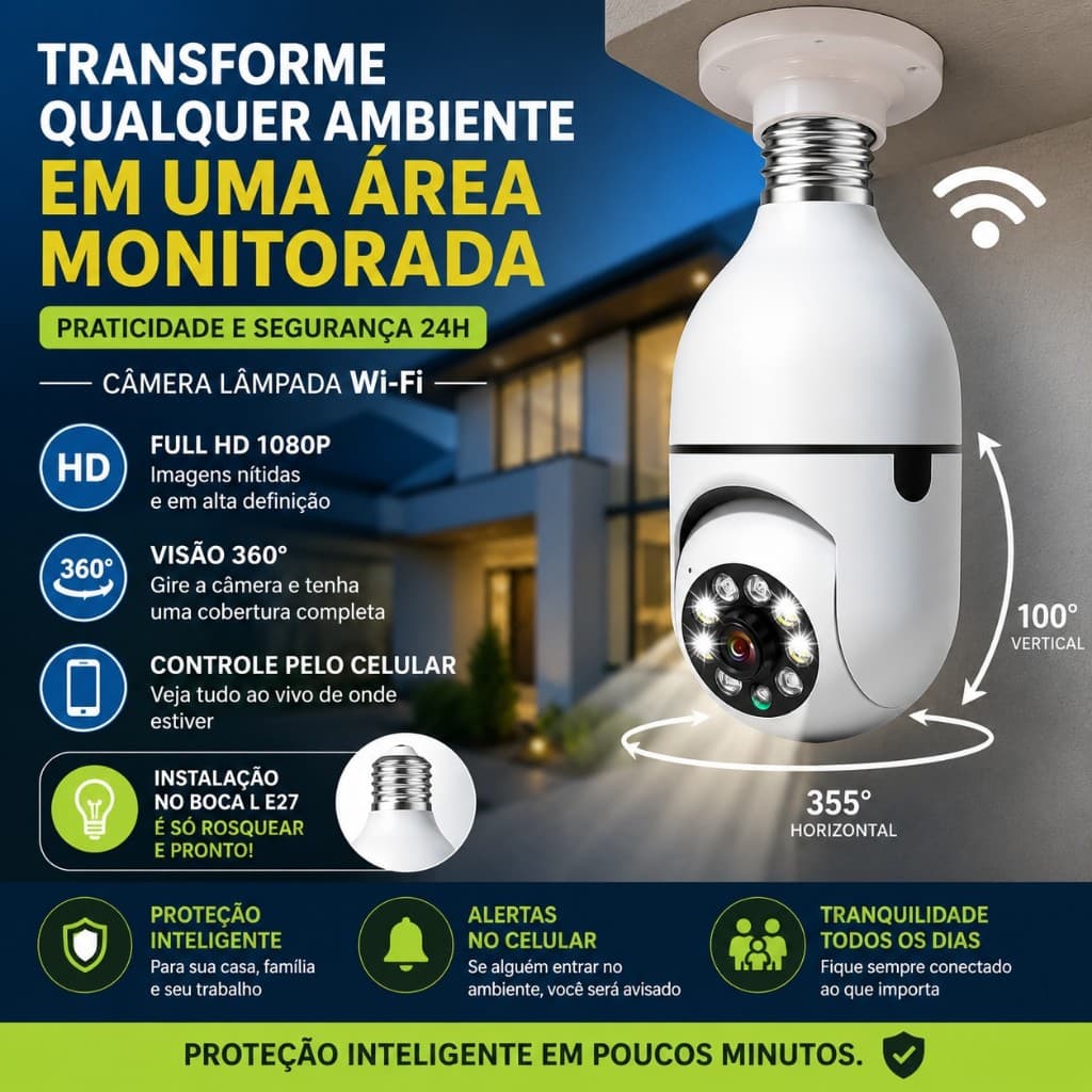 Câmera Lâmpada WiFi 360° IP Full HD 1080P Visão Noturna Colorida Áudio PTZ E27 Segurança Residencial