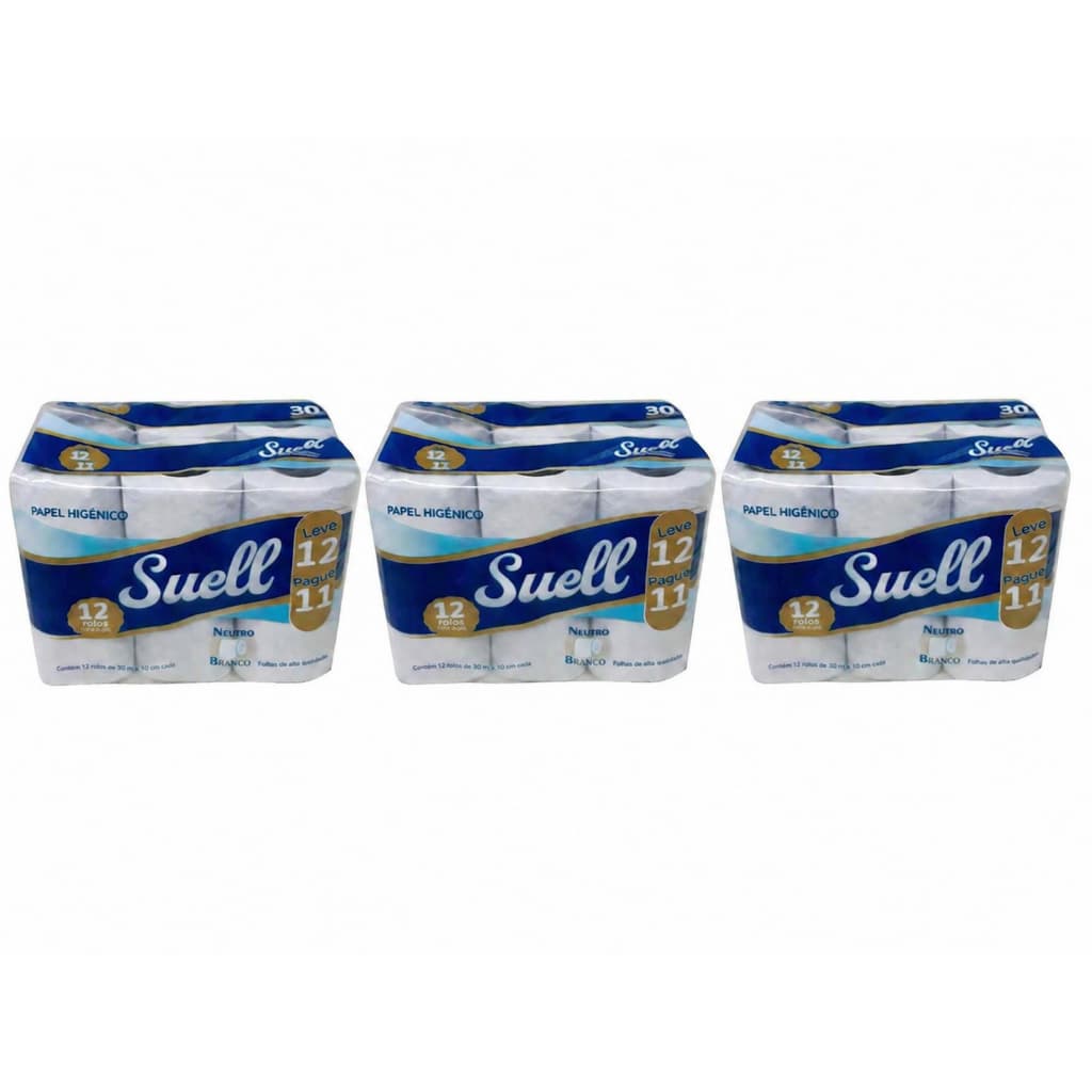 Papel Higiênico 12 rolos de 10cm x 30 metros Suell Neutro Branco Folhas de alta qualidade
