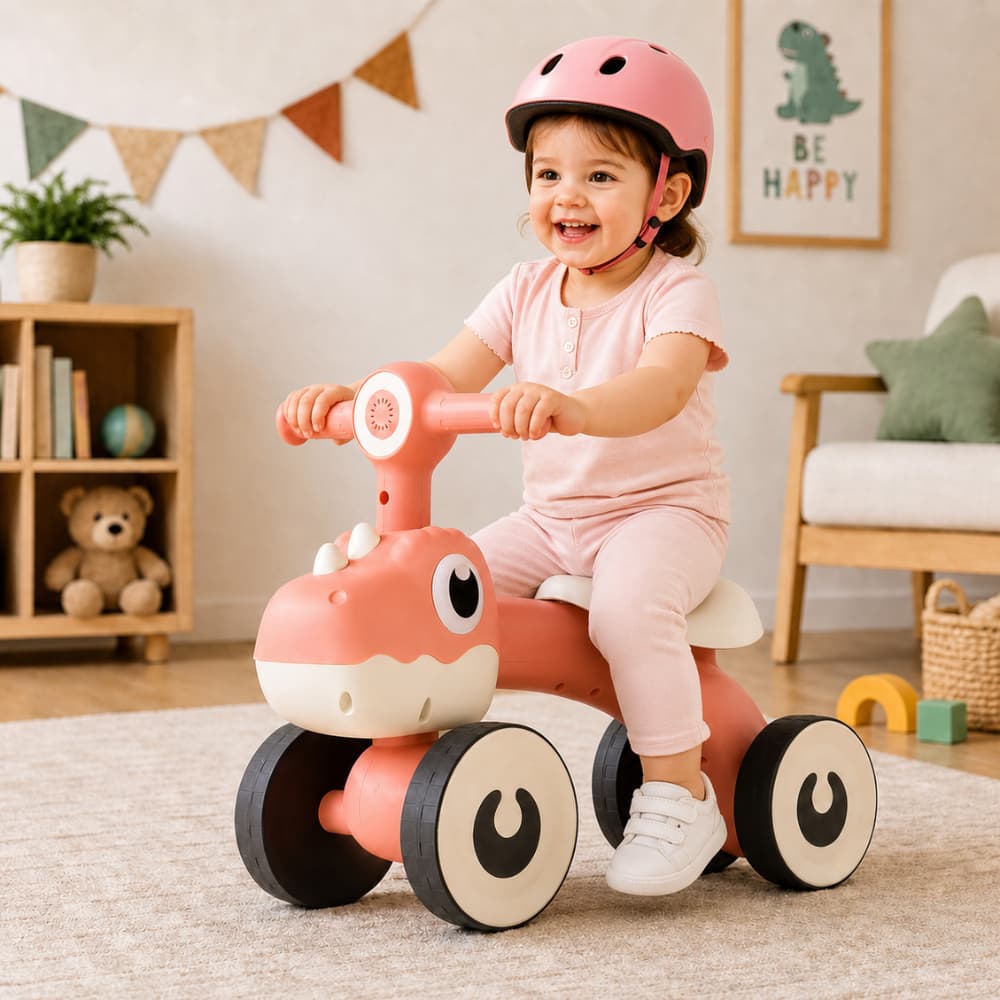 Bike Equilibrio Infantil Dinossauro Luz Quatro Rodas Seguro Estabilidade Rosa