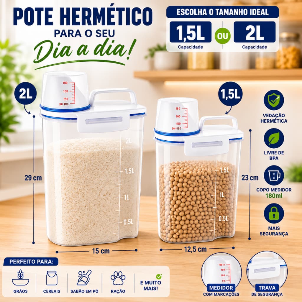 - Pote Hermético 1,5L ou 2L Copo Medidor Mantimentos Sabão em Pó Ração Pet Vedação Hermética BPA Free
