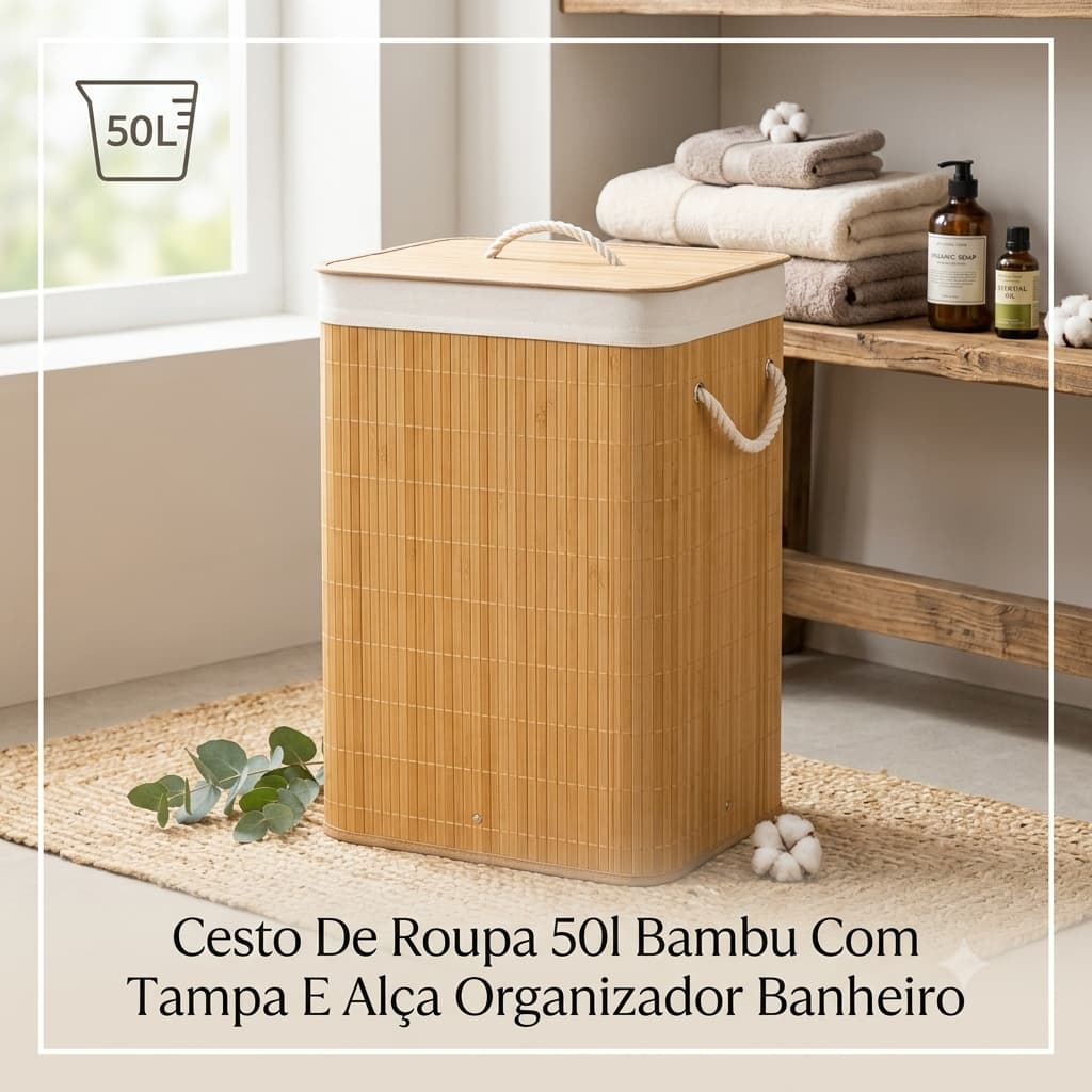 Cesto De Roupa 50l Bambu Com Tampa E Alça Organizador Banheiro
