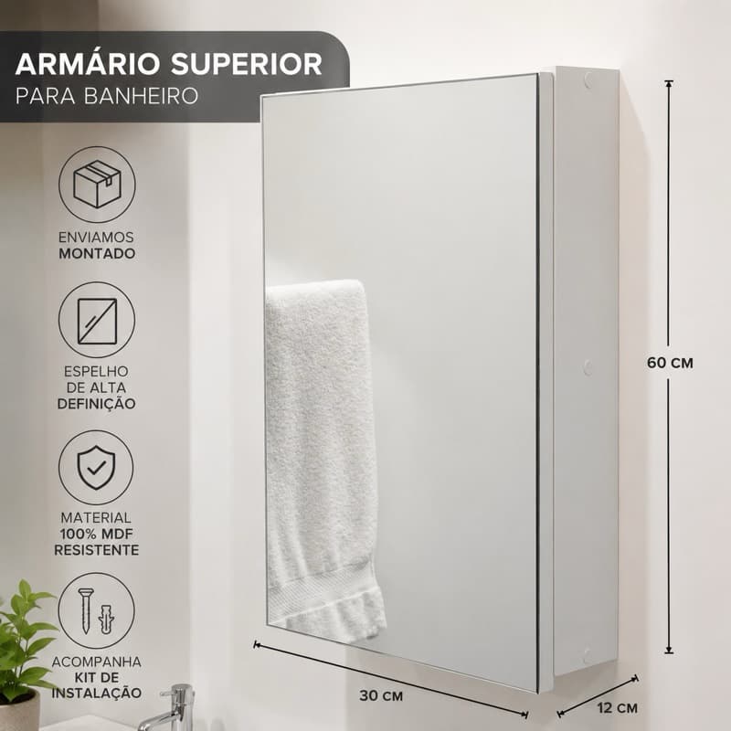 Armário De Banheiro MDF Com Espelho Espelheira Com Porta E Espaço Interno Pronto Para Uso