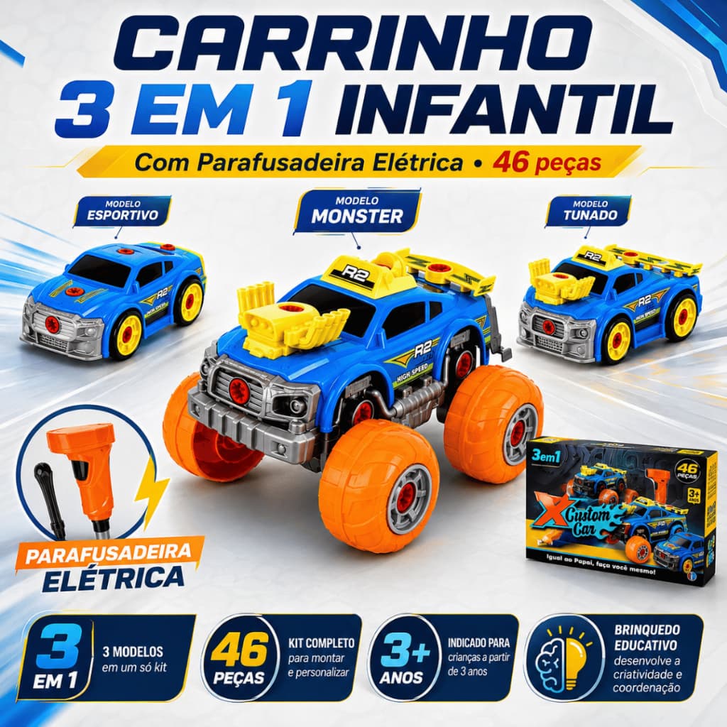 Carrinho Infantil 3 em 1 de Montar com Parafusadeira Elétrica 46 Peças Brinquedo Educativo Presente