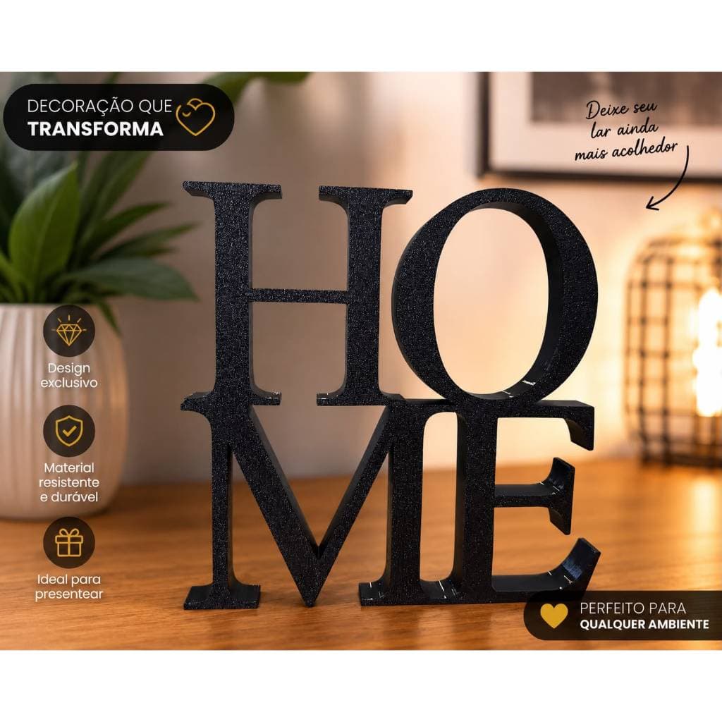 Letra Decorativa HOME em Plástico PLA - Acabamento Liso e Design Clean - Preto