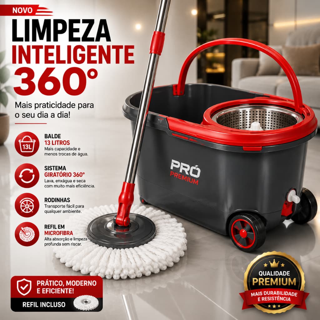 Mop Giratório Pró Premium 360° com Balde, Rodinhas, Alça e Refil Incluso