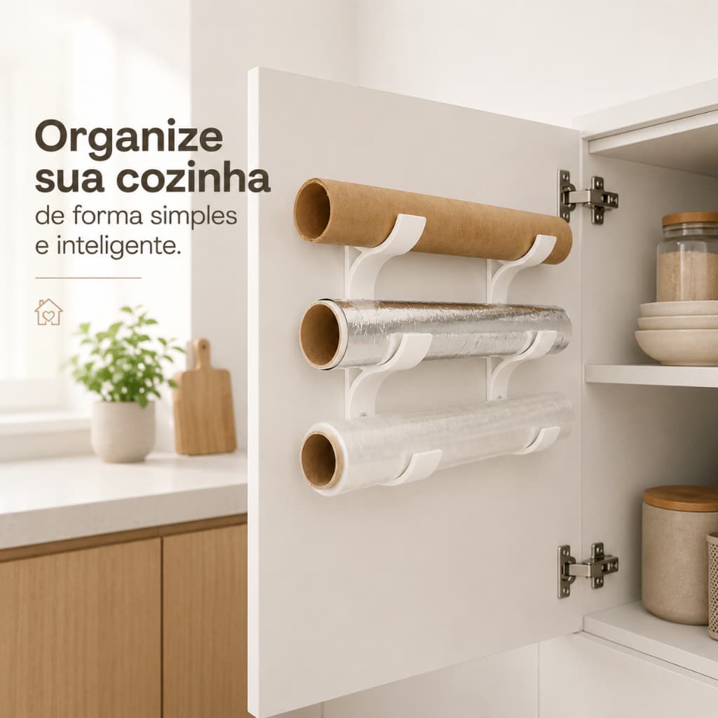 Suporte Organizador Porta Rolos 3 Níveis Ajustável Universal Autoadesivo ou Parafusado