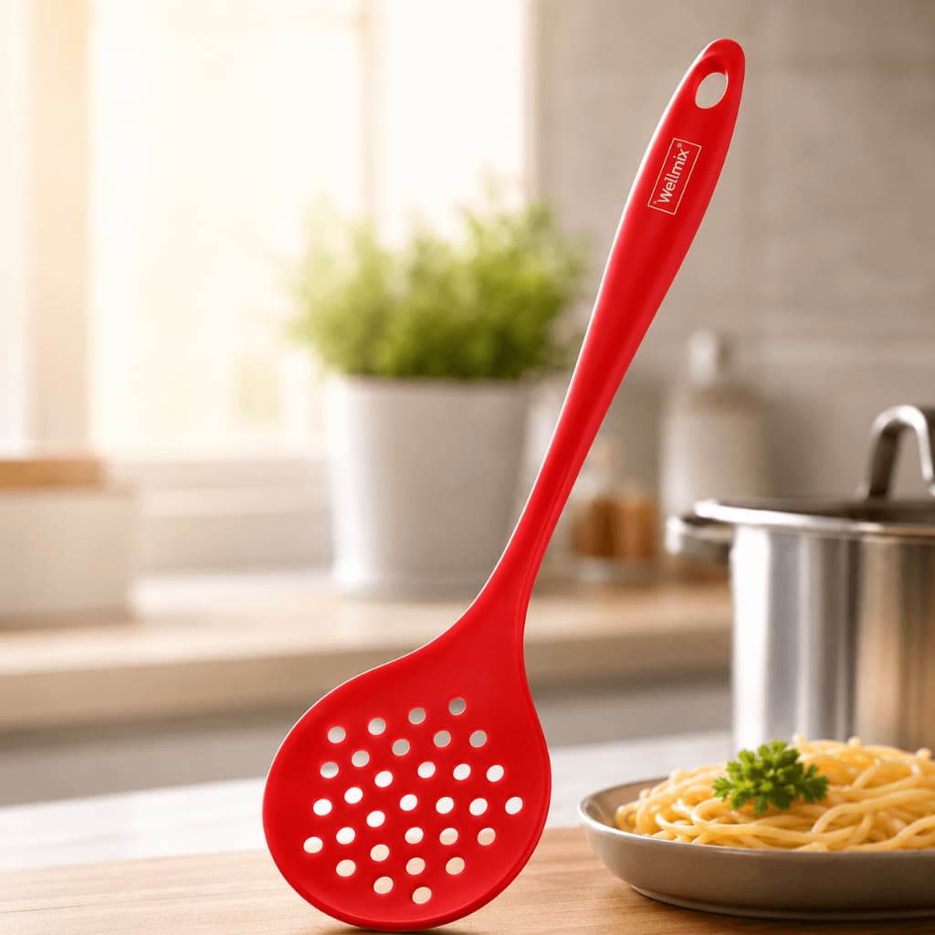 Escumadeira Silicone Vermelha Fritura Escorrer Oleo Retirar Alimentos Utensilio Cozinha Resistente