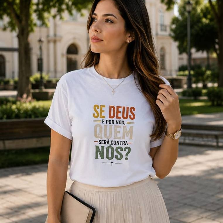 Camisa Camiseta T-shirt Cristã  Se Deus É Por Nós Camiseta Feminina Cristã Vida com Jesus!