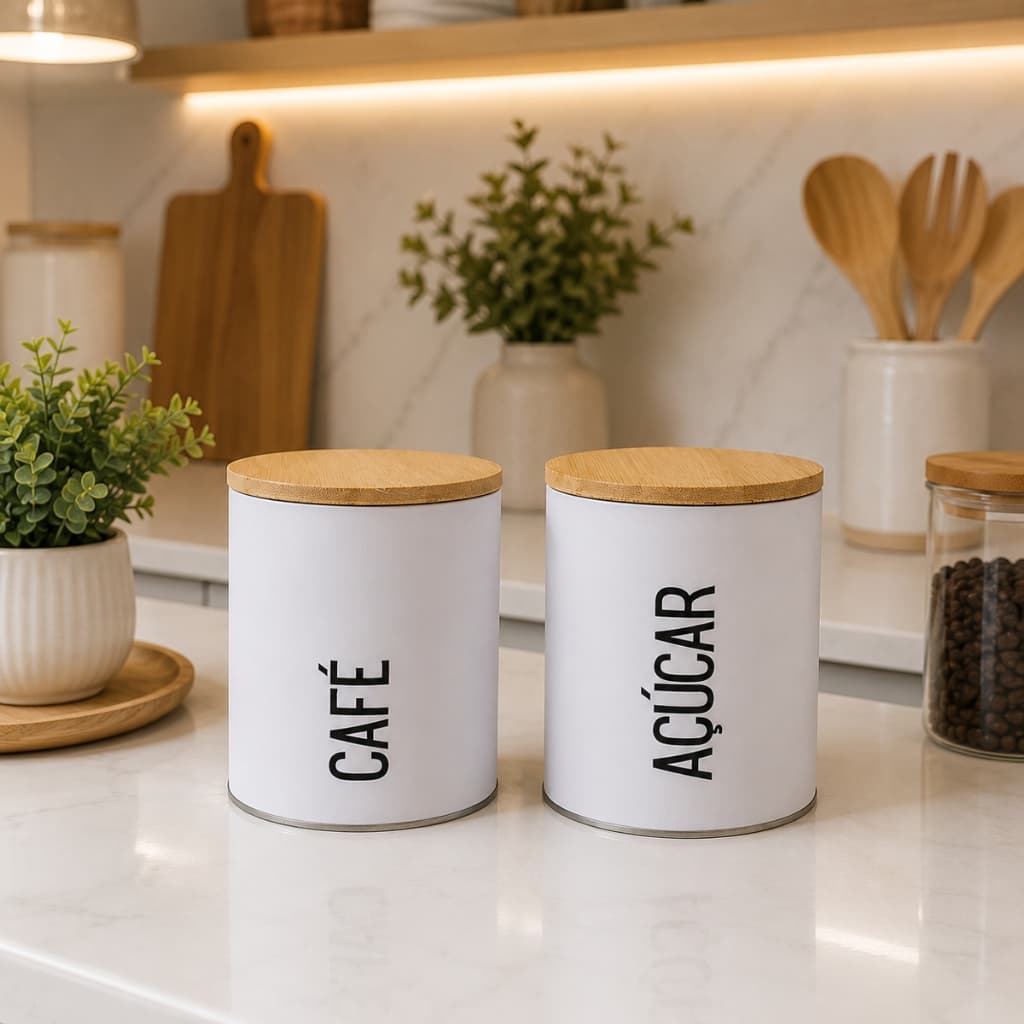 Kit Porta Mantimentos Metal Café Açúcar Tampa Pote Organizador Cozinha Lata 15,5cm Branco