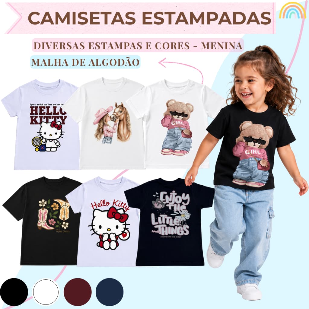 Kits com Camisetas Sortidas para Meninas Girl Infantil e Juvenil Estampadas Tamanho 2 ao 16 Algodão
