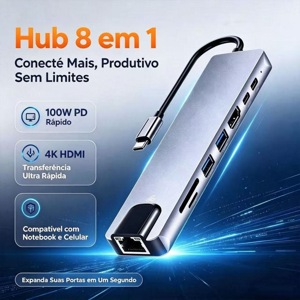 Hub USB-C 8 em 1 USB 2.0/3.0 HDMI 4K RJ45 Rede SD TF Docking Station Extensão Alta Velocidade