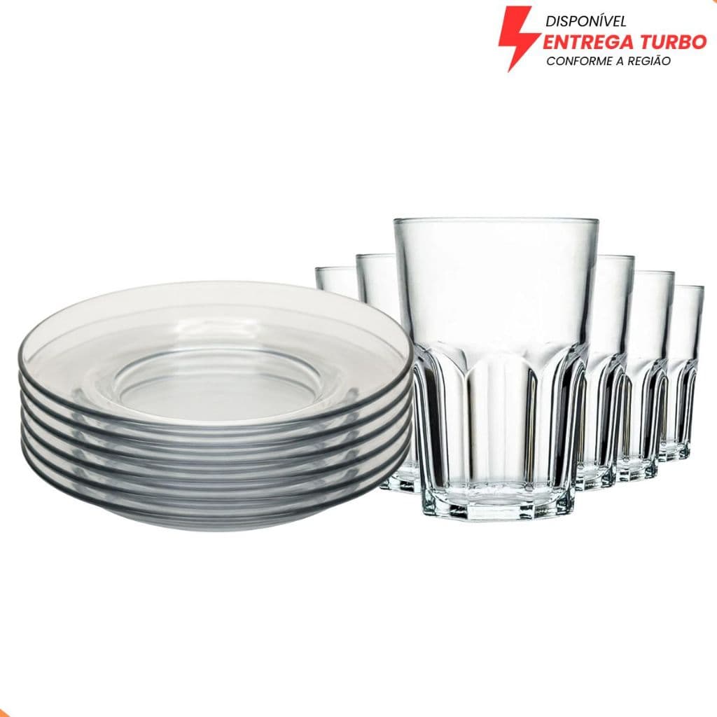 Jogo de Pratos Fundos e Copos de Vidro 12 Peças 6 Pratos 22cm + 6 Copos 350ml