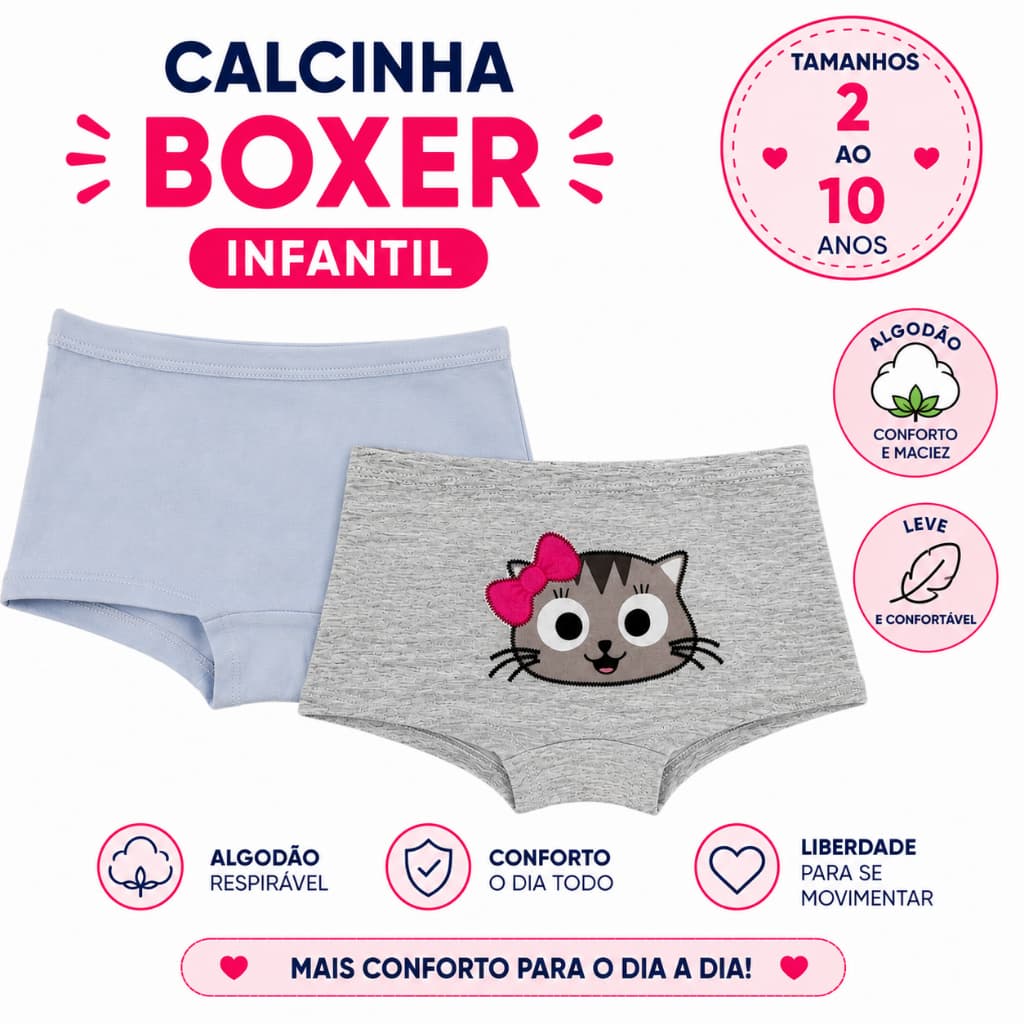 Kit 2 Calcinhas Boxer Infantil Menina Algodão Confortável Shortinho 2 a 10 Anos forro duplo