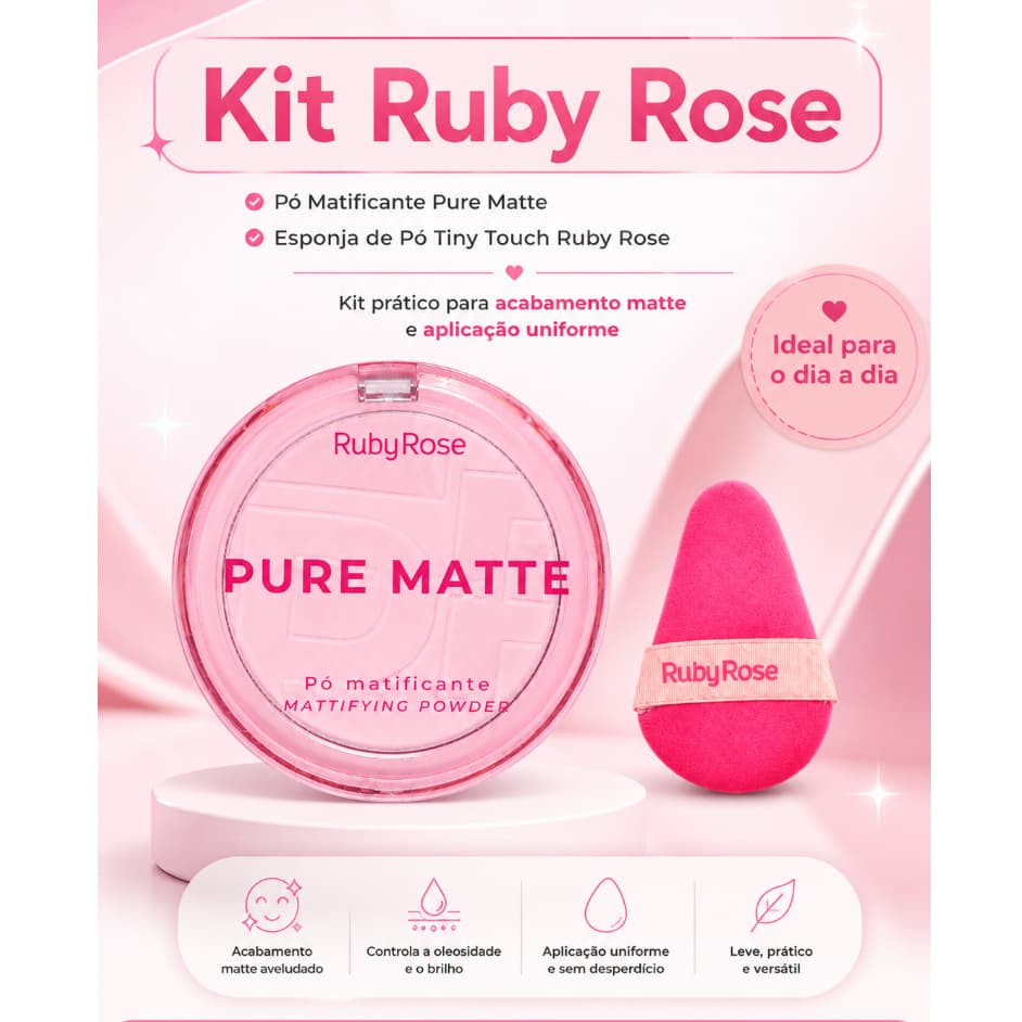 Kit Ruby Rose Pó Matificante Pure Matte + Esponja de Pó Tiny Touch