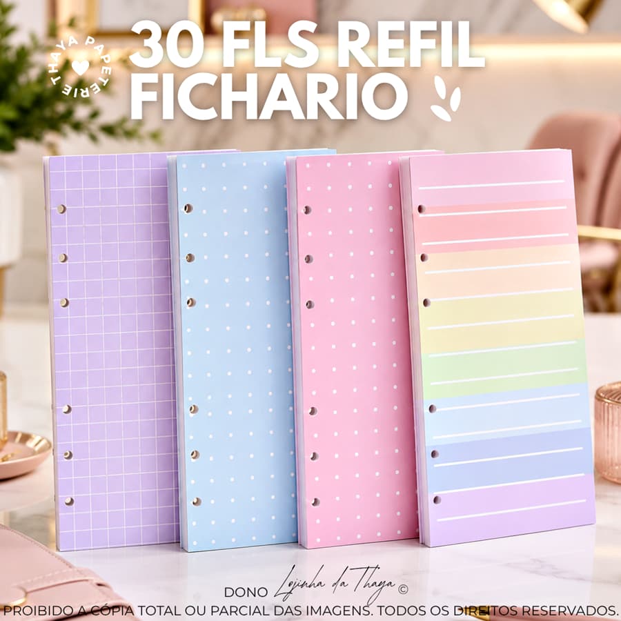 refil fichário binder 30 folhas de 90g coloridas rosa lilás azul arco-íris bullet journal bujo budget fichas a6 a5 a4