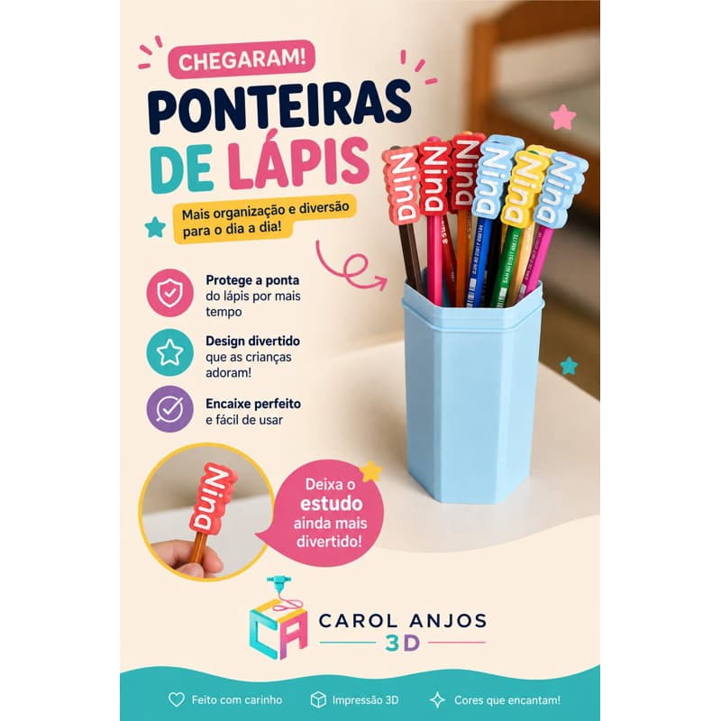 Kit 12 Etiquetas de Lápis Personalizados em 3D Topper (até 8 letras)
