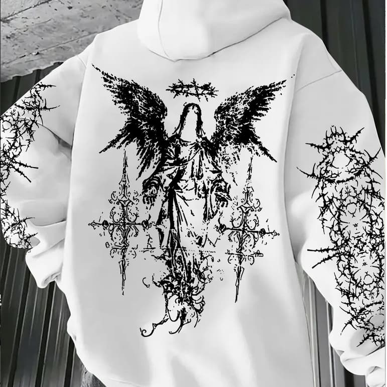 Moletom Canguru Feminino Estampado Anjo Gótico Cruz Espinhos Dark Aesthetic Tumblr Manga