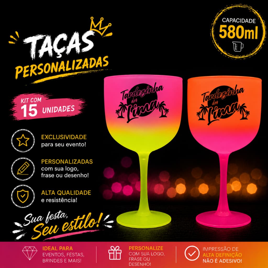 Kit 15 Taças de GIN degradê 580ml para Festas, Eventos, Drinks, Aniversários - Personalizadas