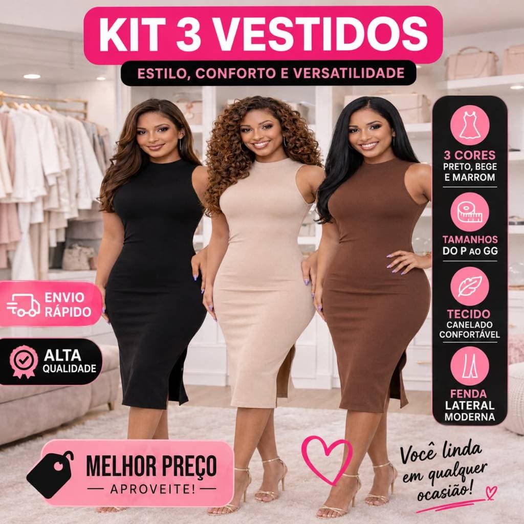 kit 3 Vestido Regata Feminino Midi Canelado Gola Alta Tubinho Fenda Lateral Casual Elegante kit de Vestidos Envio Rápido