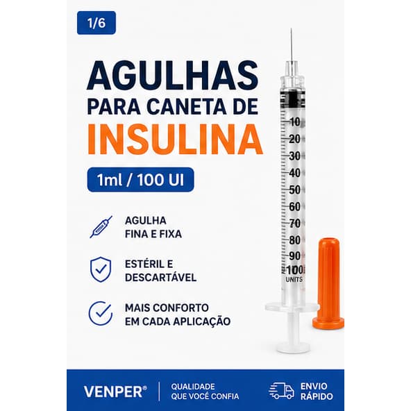 Seringa de Insulina 1ml 100UI Agulha Fixa Ultrafina 6x0,25mm Estéril Descartável