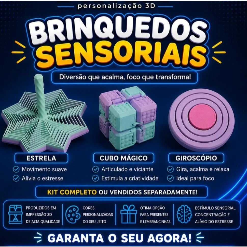 Kit 3 em 1 Sensorial - Anti Estresse Relaxante – Cubo Infinito, Giroscópio e Esfera Sensorial estrela cubo