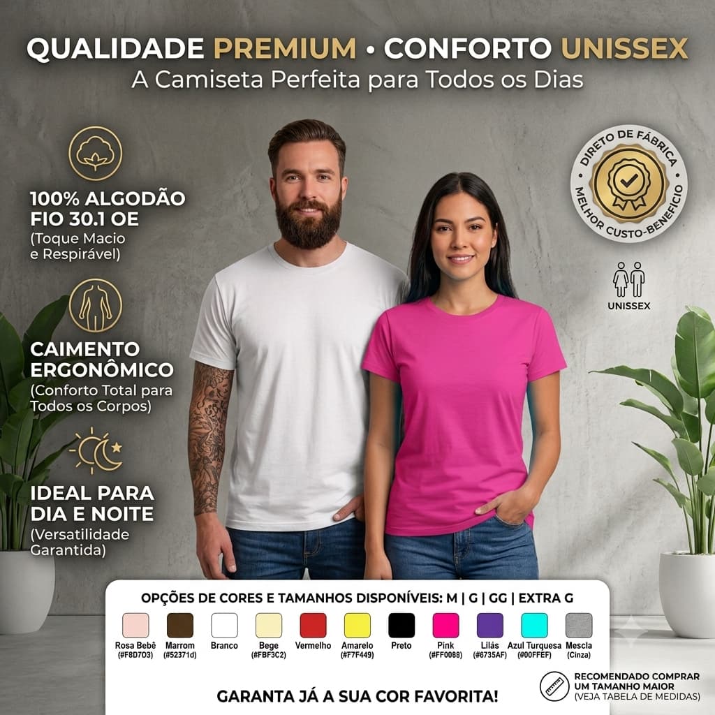 Camiseta Lisa 100% Algodão Unisex Diversas Cores Confortável Premium Ajuste Caimento Dia a Dia