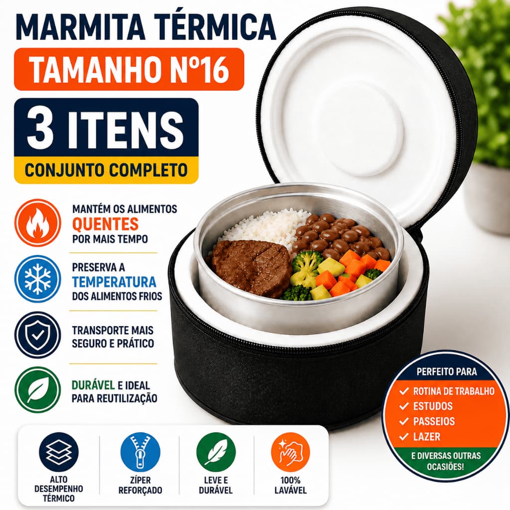 Kit Marmita Térmica Redonda Nº16 Média 3 Peças com Bolsa Térmica, Isopor e Recipiente de Alumínio